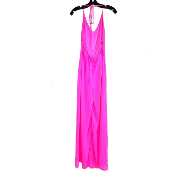 Lush Neon Pink Flowy Sheer Strappy Wide Leg Halter Jumpsuit - Picture 5 of 10